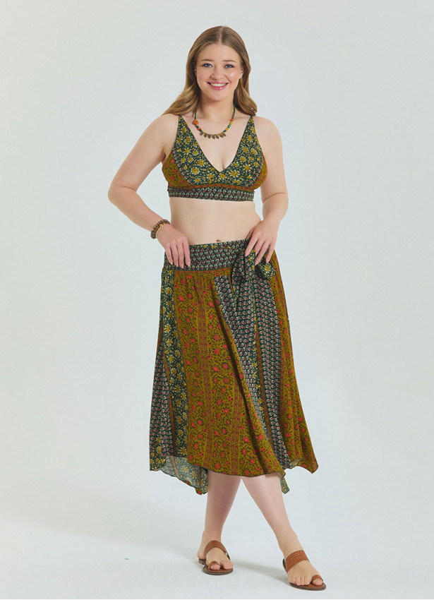 Green Plus Size Skirt with Waist Tie and Gipe Detail 4592